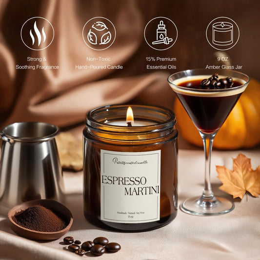Close-up of 9oz soy candle labeled Putart Espresso Martini