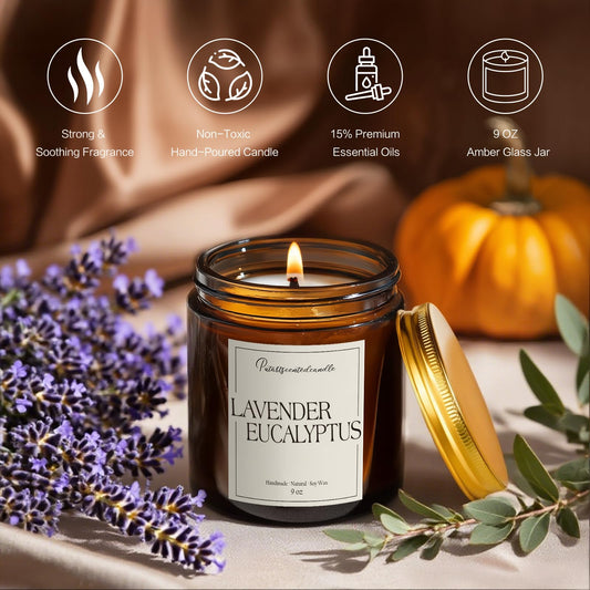 Close-up of amber jar packaging for Putart Lavender & Eucalyptus candle