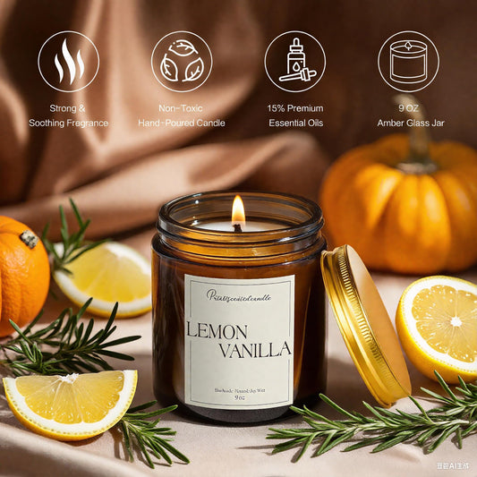 Close-up of lemon vanilla scented candle with natural wax