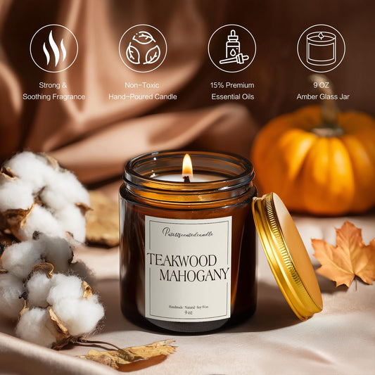 Close-up of Putart Mahogany Teakwood candle label on amber jar