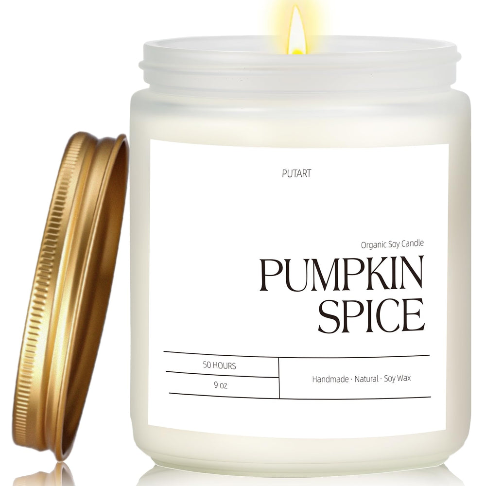 Putart Pumpkin Spice 9oz soy candle in frosted white jar with gold lid