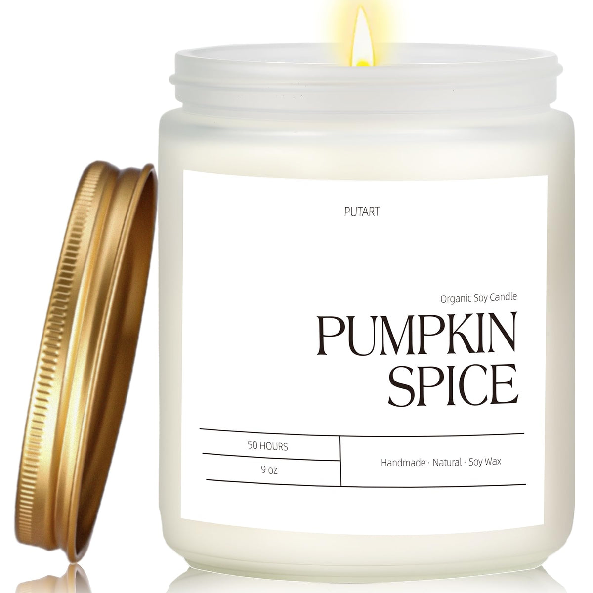 Putart Pumpkin Spice 9oz soy candle in frosted white jar with gold lid