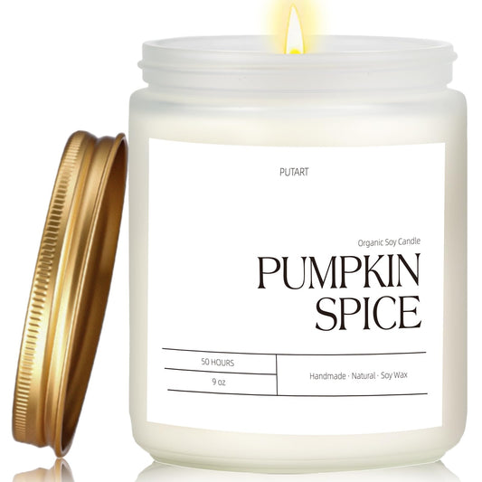 Putart Pumpkin Spice 9oz soy candle in frosted white jar with gold lid