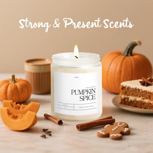 Close-up of pumpkin spice scent notes in a premium autumn candle