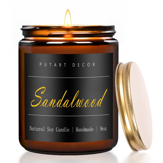 Putart Sandalwood scented candle in amber jar with gold lid
