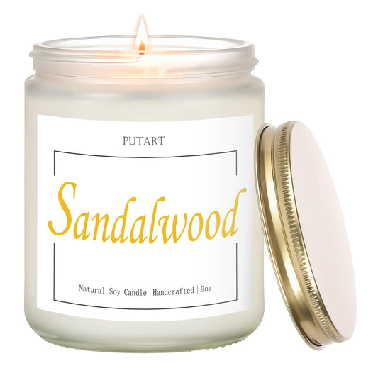 Putart sandalwood scented candle in frosted white jar with gold lid
