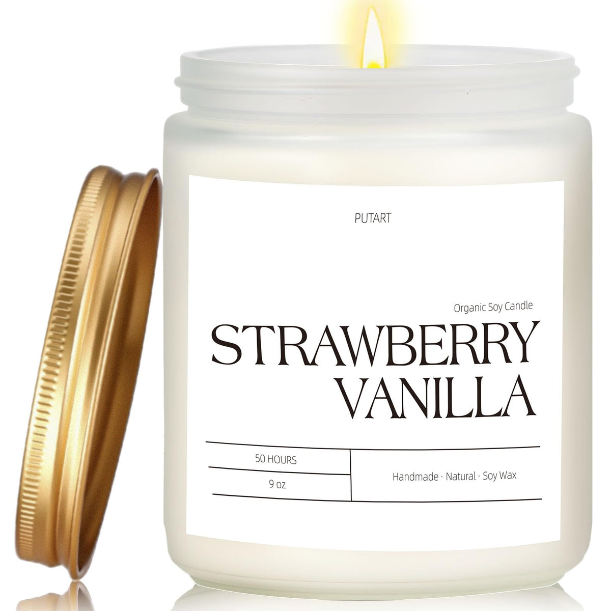 Putart 9oz strawberry vanilla soy candle in frosted white jar with gold lid