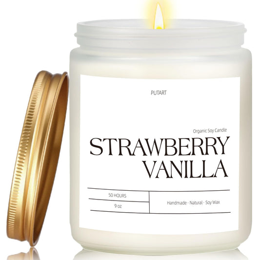 Putart 9oz strawberry vanilla soy candle in frosted white jar with gold lid