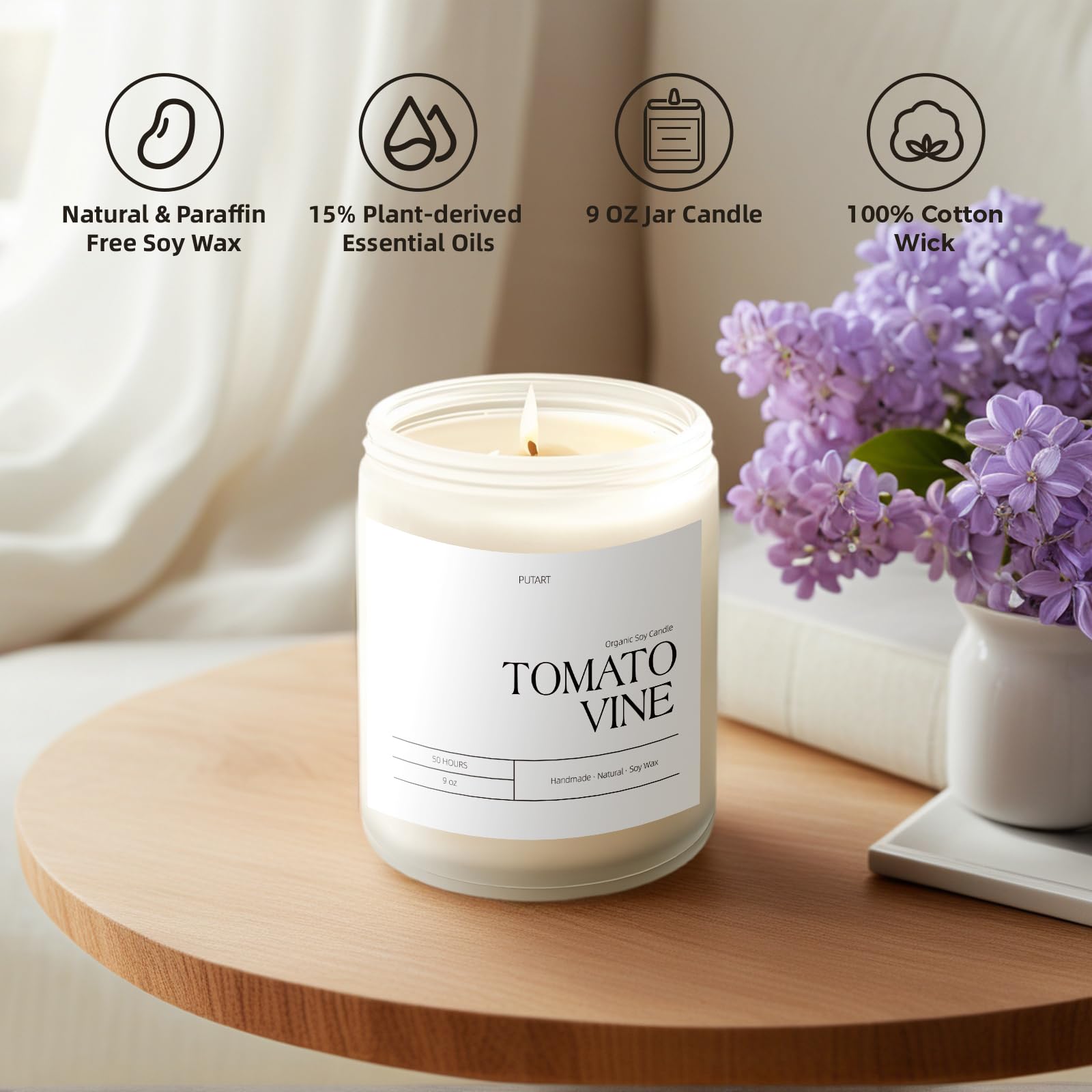 Candle burn details showing 50-hour burn time and lead-free wick