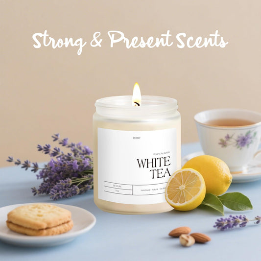 Side view of Putart White Tea candle 9oz with gold lid