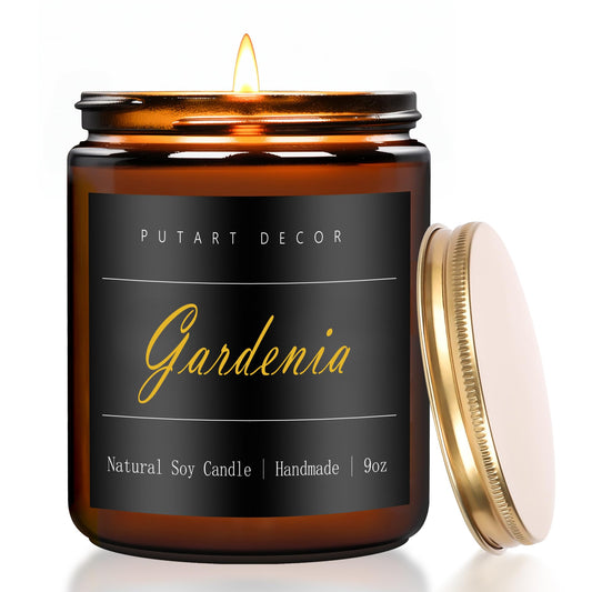Putart Gardenia Scented Candle in amber jar with gold lid