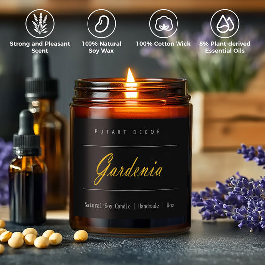 Close-up of gardenia fragrance notes on Putart candle