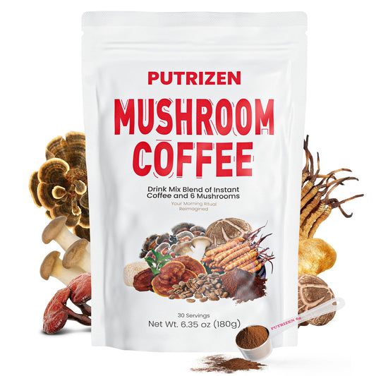 PUTRIZEN Mushroom Coffee jar with six mushroom varieties on label (Cordyceps, Lion’s Mane, Reishi, Shiitake, Turkey Tail, Royal Sun)