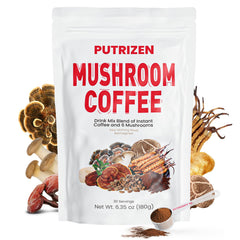 PUTRIZEN Mushroom Coffee jar with six mushroom varieties on label (Cordyceps, Lion’s Mane, Reishi, Shiitake, Turkey Tail, Royal Sun)