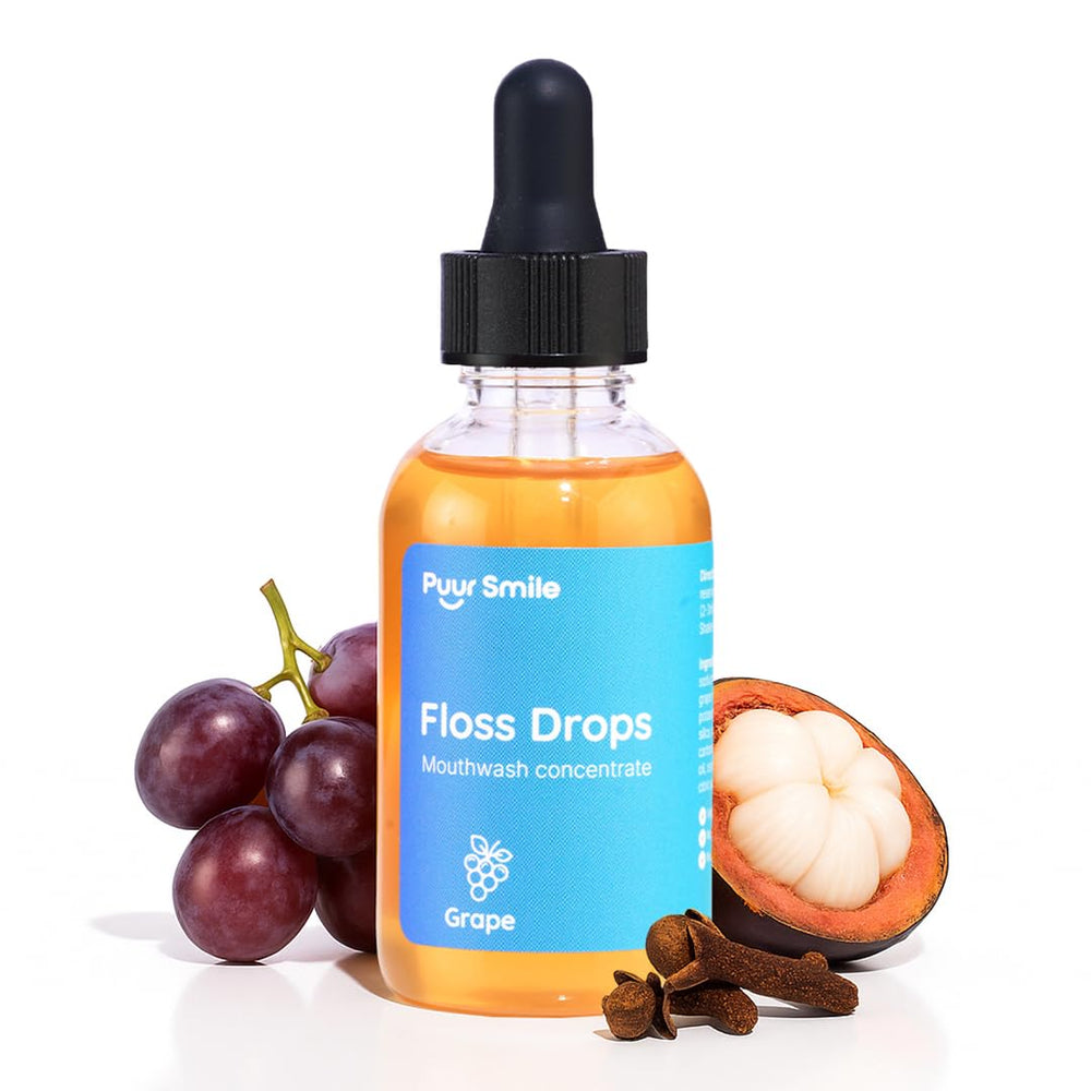 Puur Smile Floss Drop Serum bottle with grape flavor label