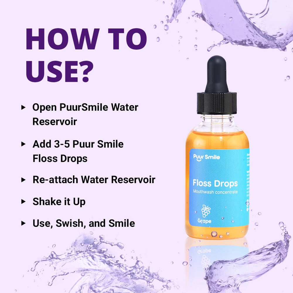 2oz bottle shown beside a water flosser device