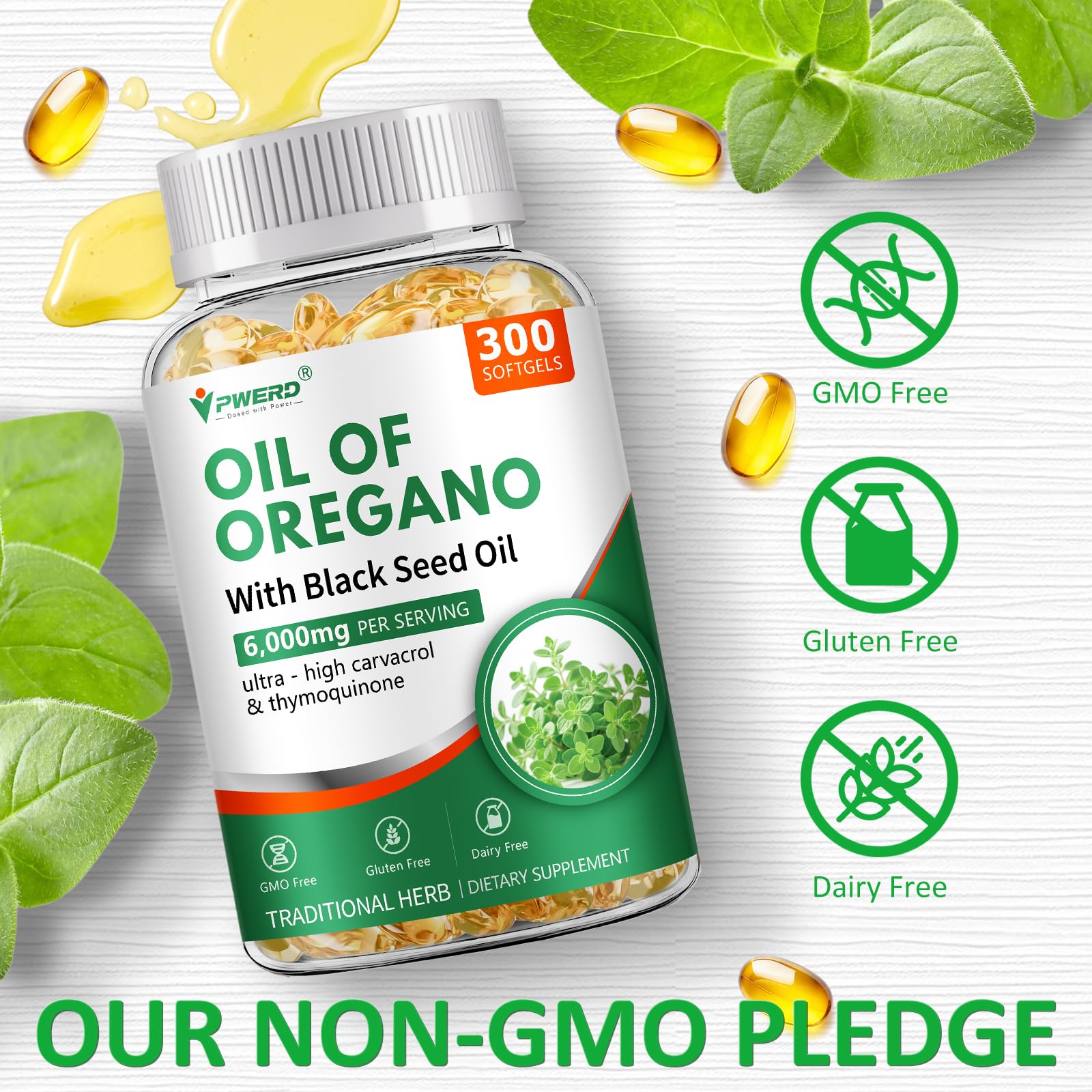 Oregano oil capsules and black seed oil illustration