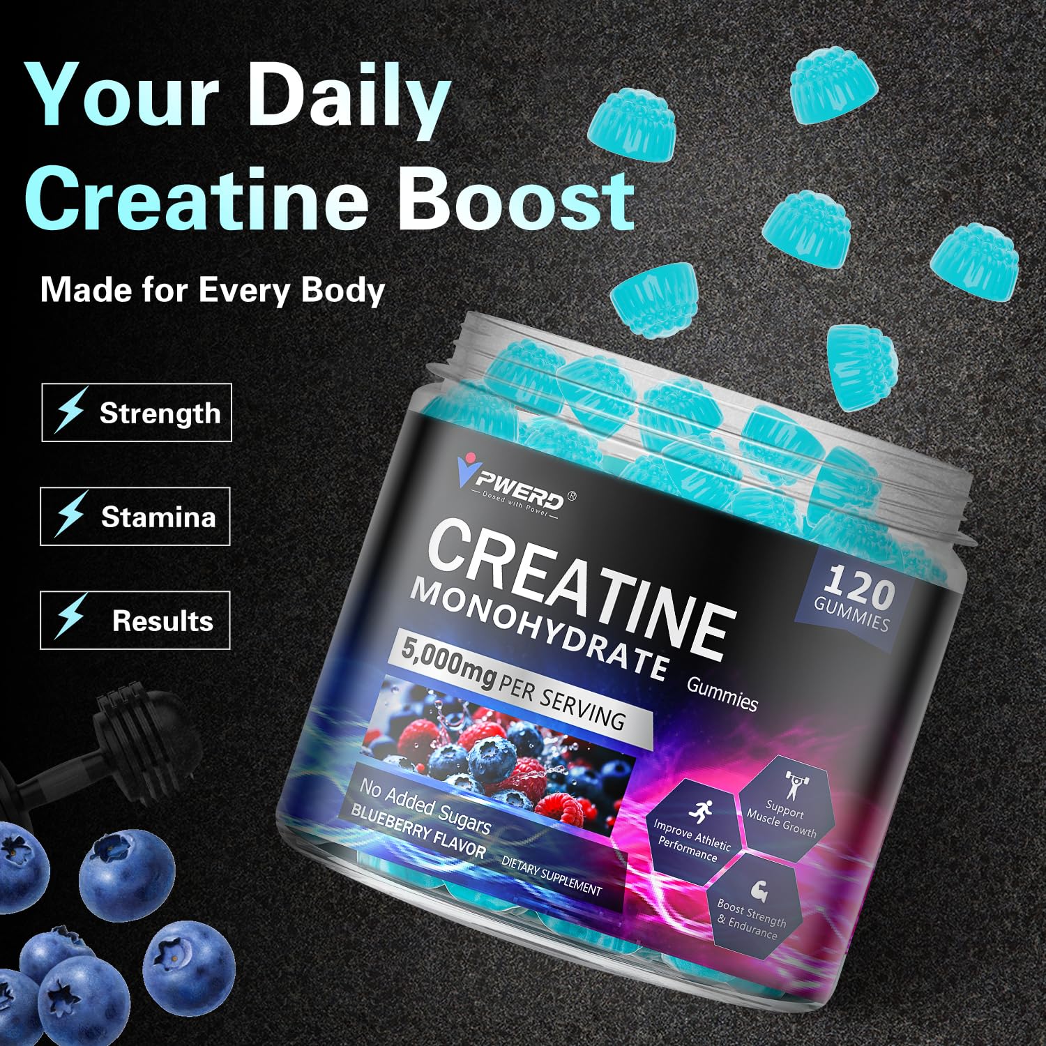 Serving size 4 gummies showing 5g creatine
