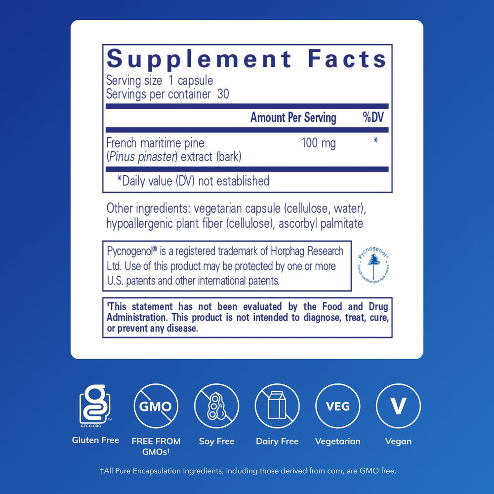 Pycnogenol 100 mg capsules closeup shows convenient daily antioxidant option.