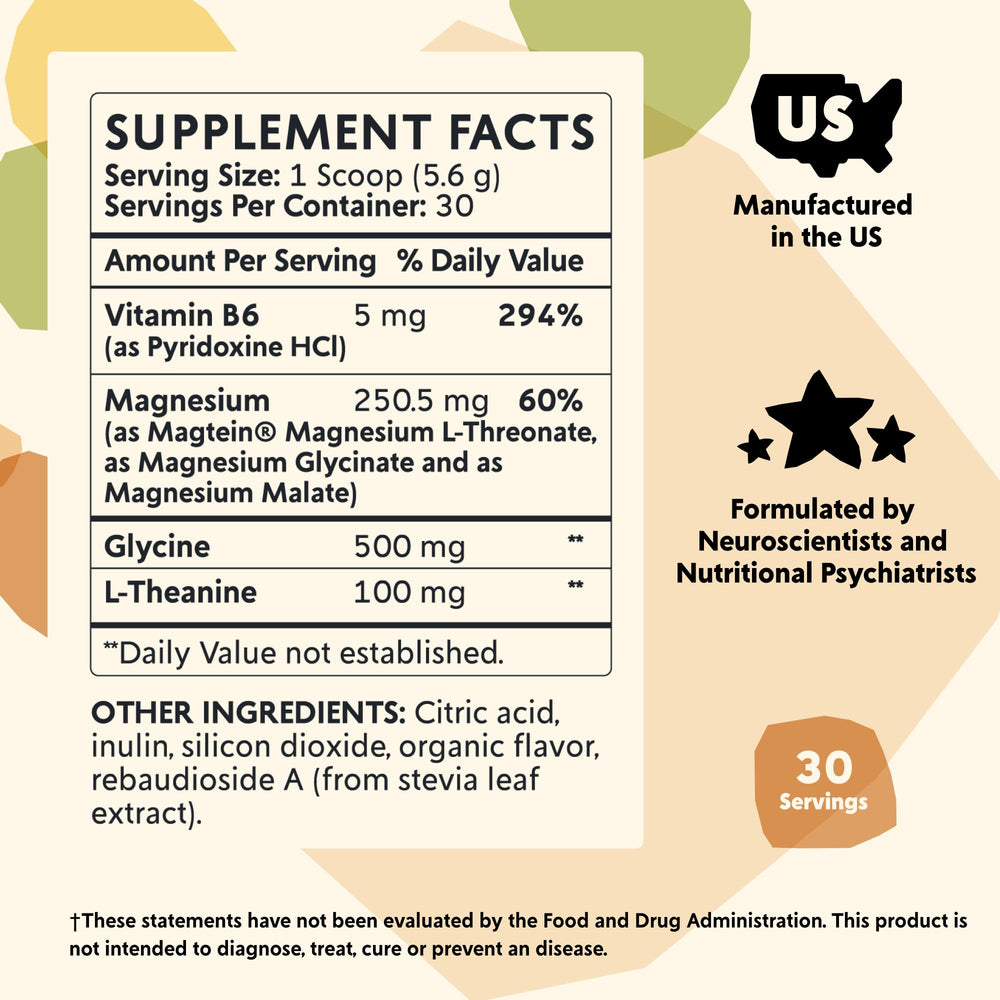 Back of PYM Mood Magnesium Powder packaging showing nutrition information