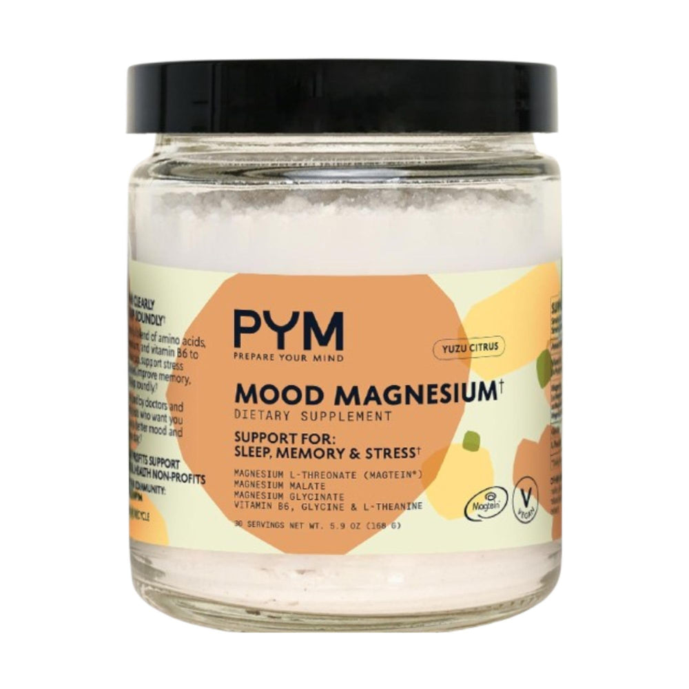PYM Mood Magnesium Powder bottle showing vegan, gluten-free blend for daily balance