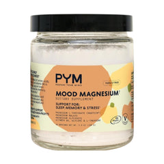 PYM Mood Magnesium Powder bottle showing vegan, gluten-free blend for daily balance