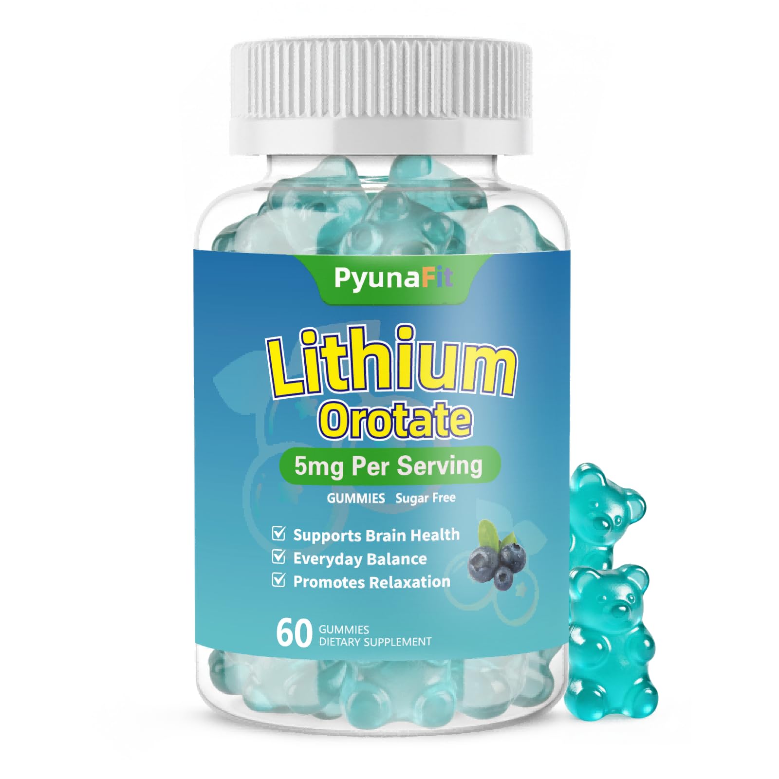 Bottle of PYUNAFIT Lithium Orotate 5mg Gummies - Blueberry flavor
