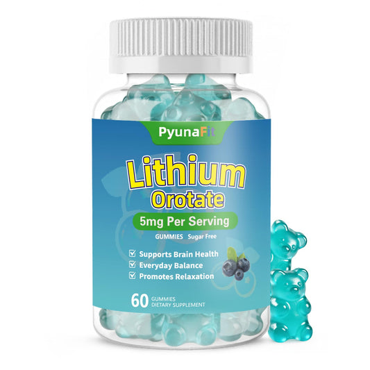 Bottle of PYUNAFIT Lithium Orotate 5mg Gummies - Blueberry flavor