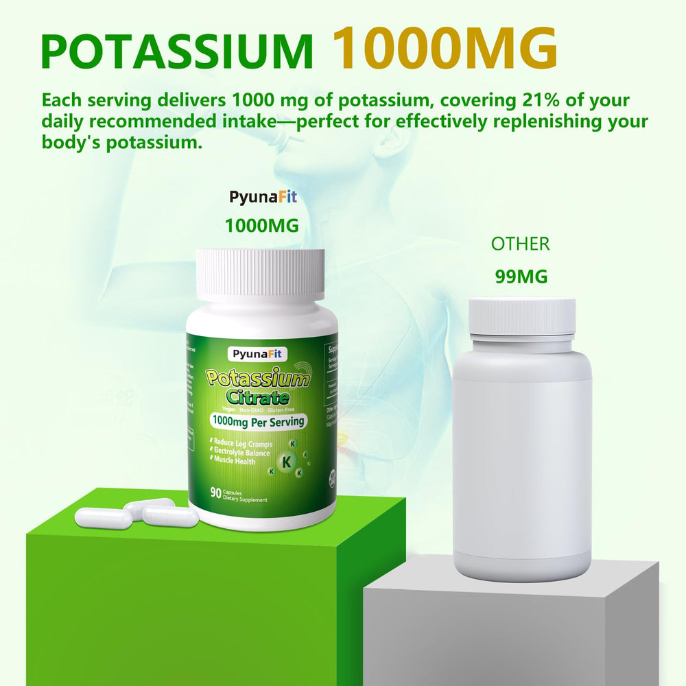 Potassium supplement ingredients and vegan/non-GMO/gluten-free icons