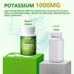 Potassium supplement ingredients and vegan/non-GMO/gluten-free icons