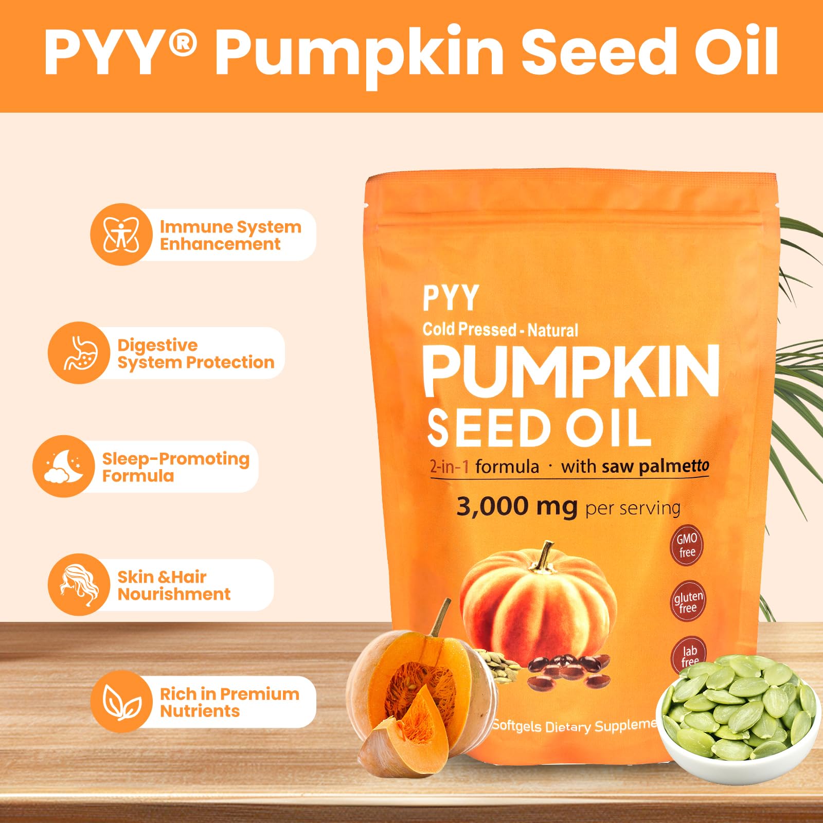 Dosing guide illustrating 2 capsules per day delivering 3,000 mg pumpkin seed oil and 300 mg saw palmetto.
