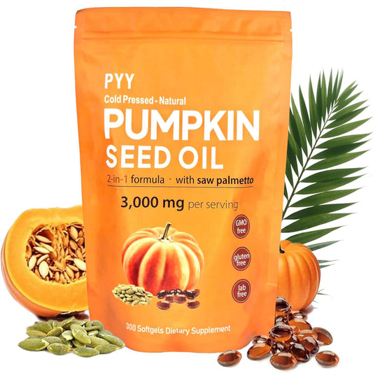 Bottle of PYY pumpkin seed oil and saw palmetto softgels, 300-count.
