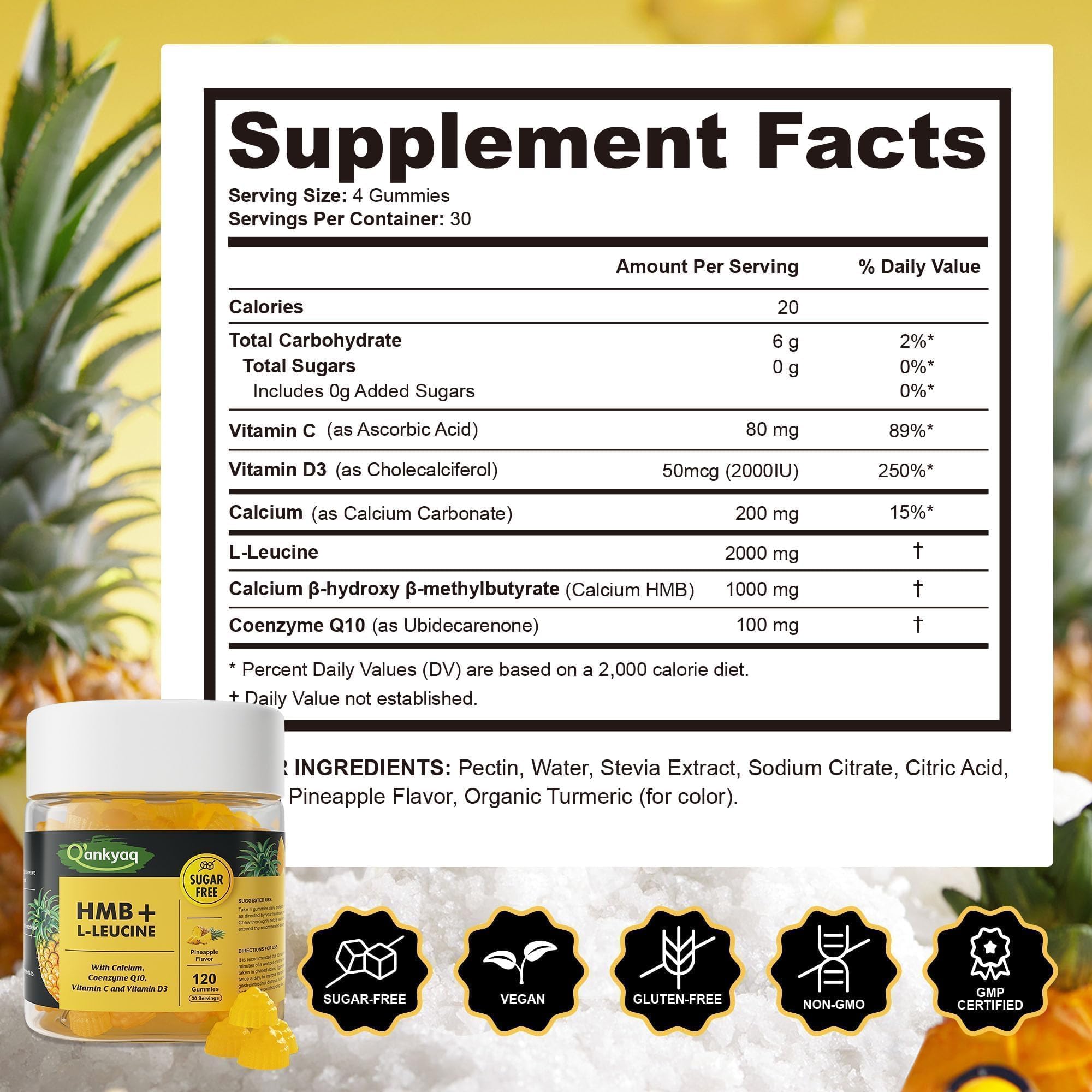 Close-up of pineapple-flavored HMB and leucine gummies