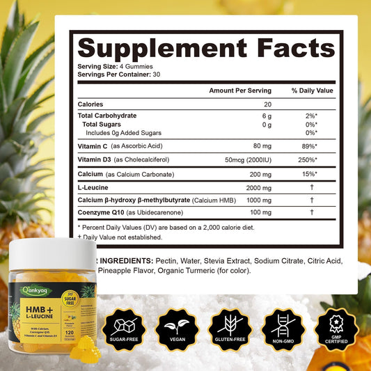 Close-up of pineapple-flavored HMB and leucine gummies
