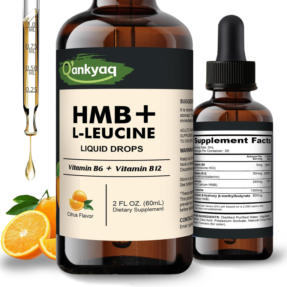 Q'ankyaq Leucine HMB liquid drops bottle and label