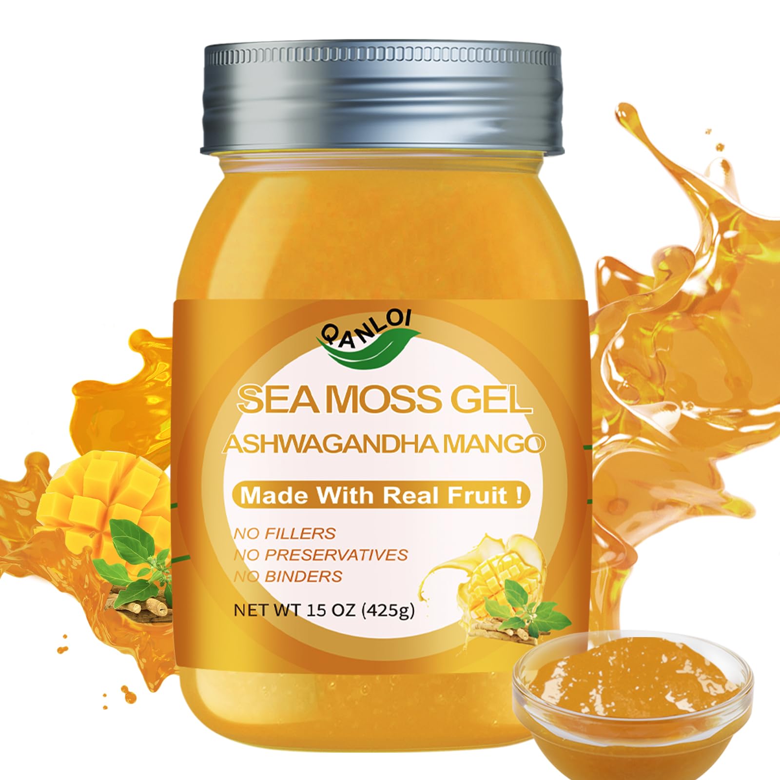 QANLOI Seamoss Gel bottle with Irish Sea Moss and Ashwagandha Mango flavor