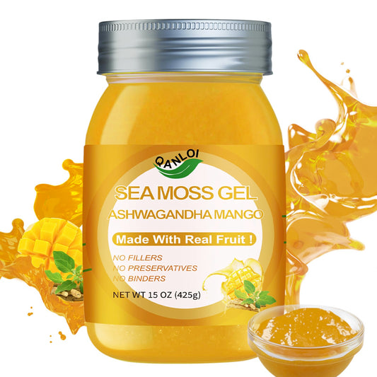 QANLOI Seamoss Gel bottle with Irish Sea Moss and Ashwagandha Mango flavor
