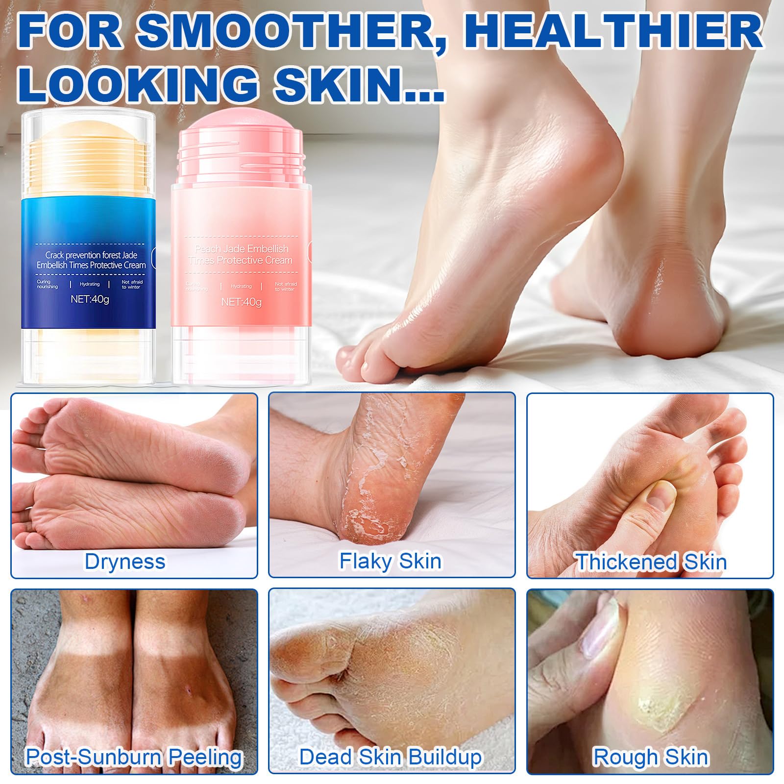 Qawnfy Crack Feet Prevention Stick being applied to dry heels for smoother skin.