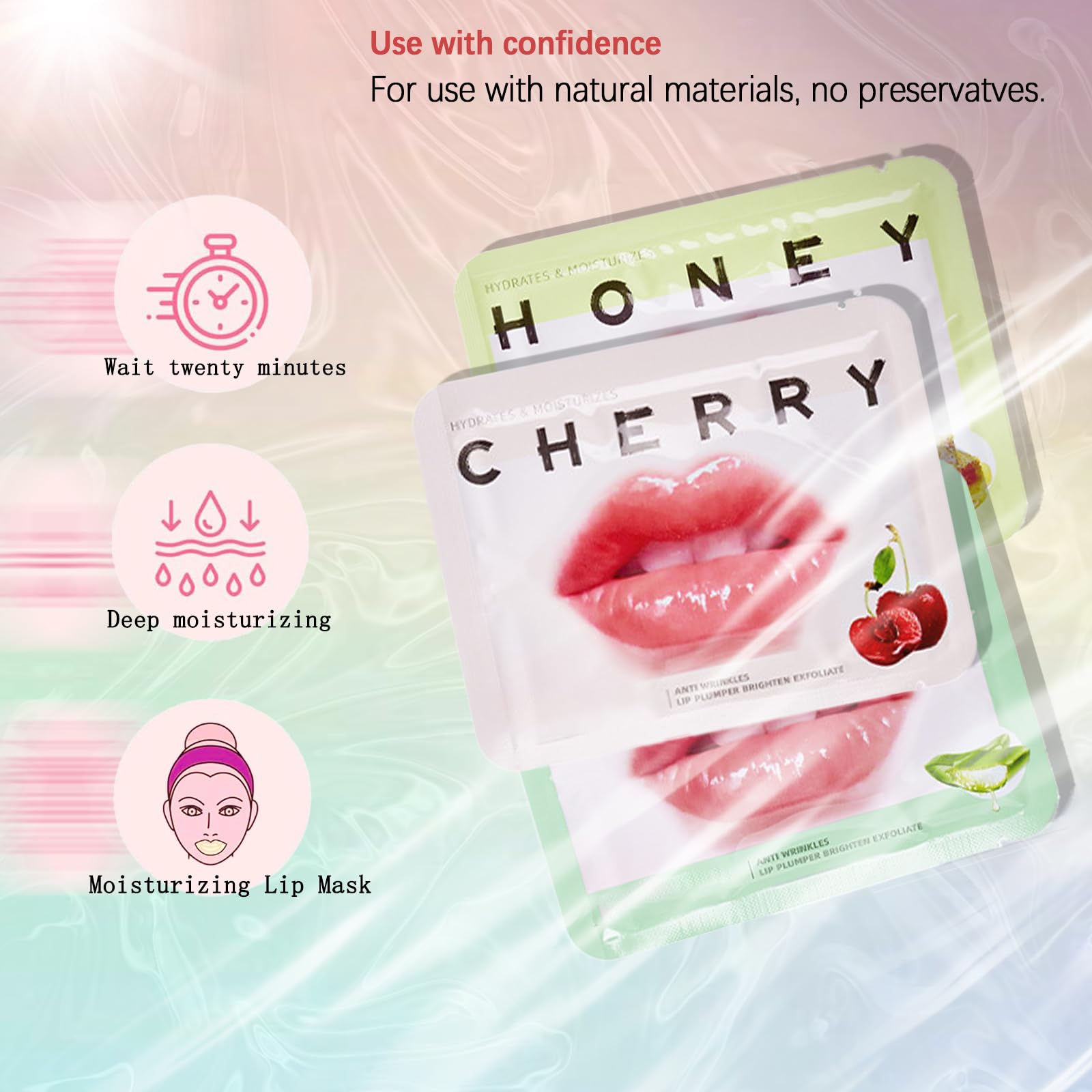 Qawnfy honey lip mask application close-up, intense moisture.