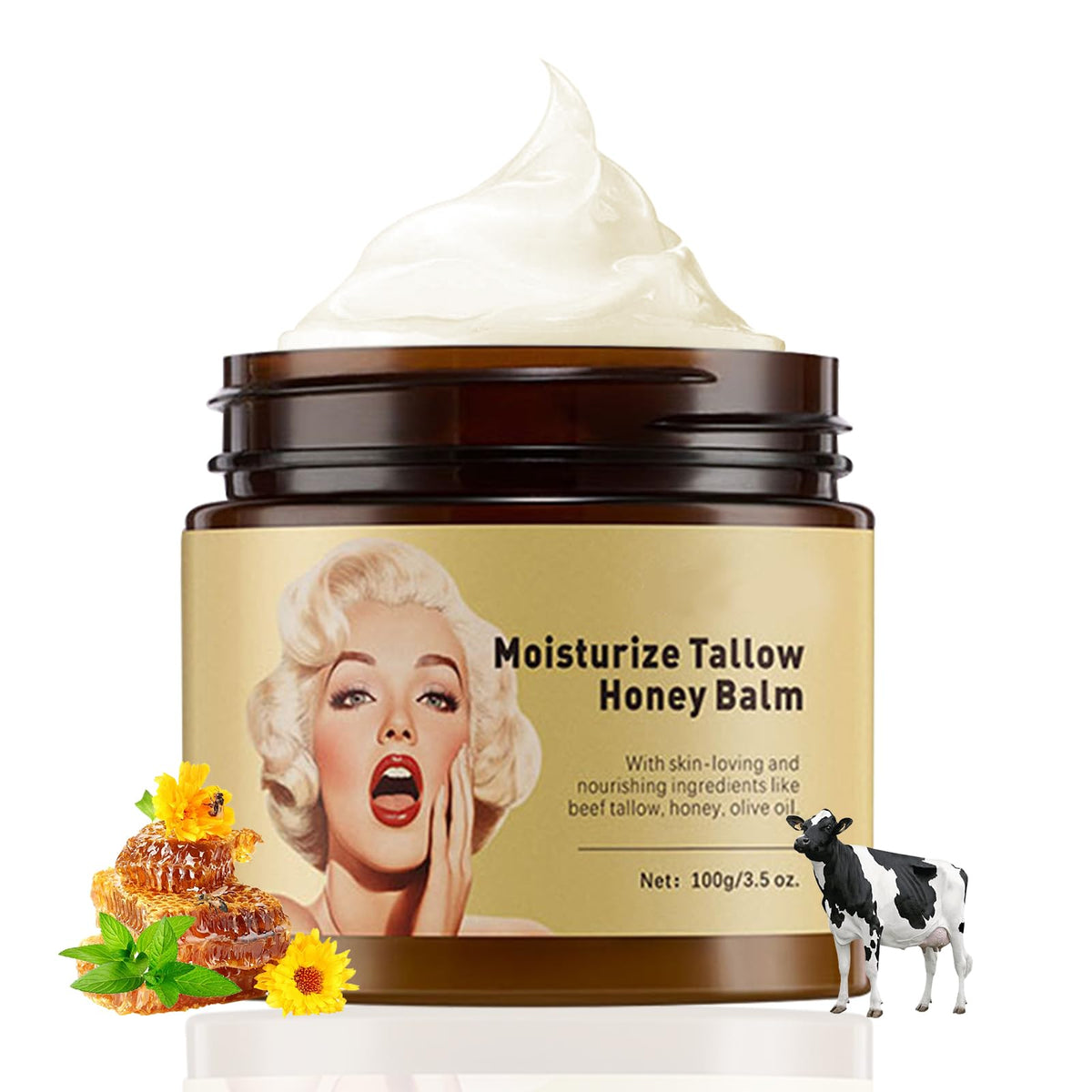 Qawnfy whipped tallow honey balm packaging showcasing natural ingredients and premium design.