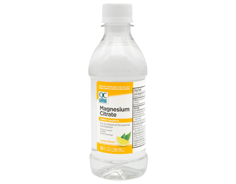Retail package of Quality Choice Magnesium Citrate Oral Solution lemon flavor, 10 fl oz
