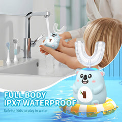 Child using QDCYP U-shaped toothbrush with koala design