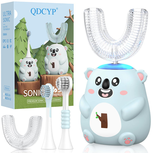 QDCYP kids U-shaped electric toothbrush with grey-blue koala design, front view