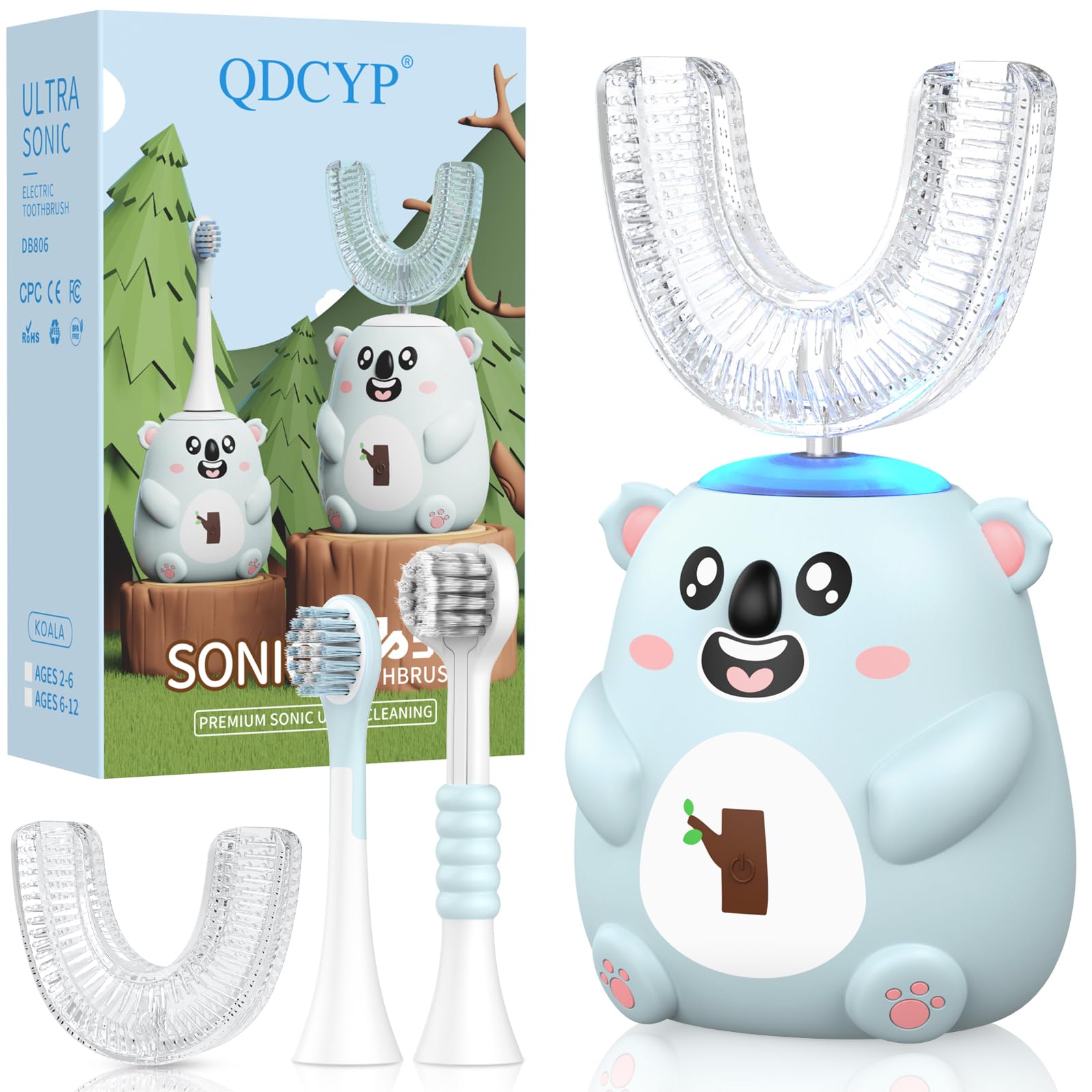 Front view of QDCYP Kids U-Shaped Electric Toothbrush in grey blue