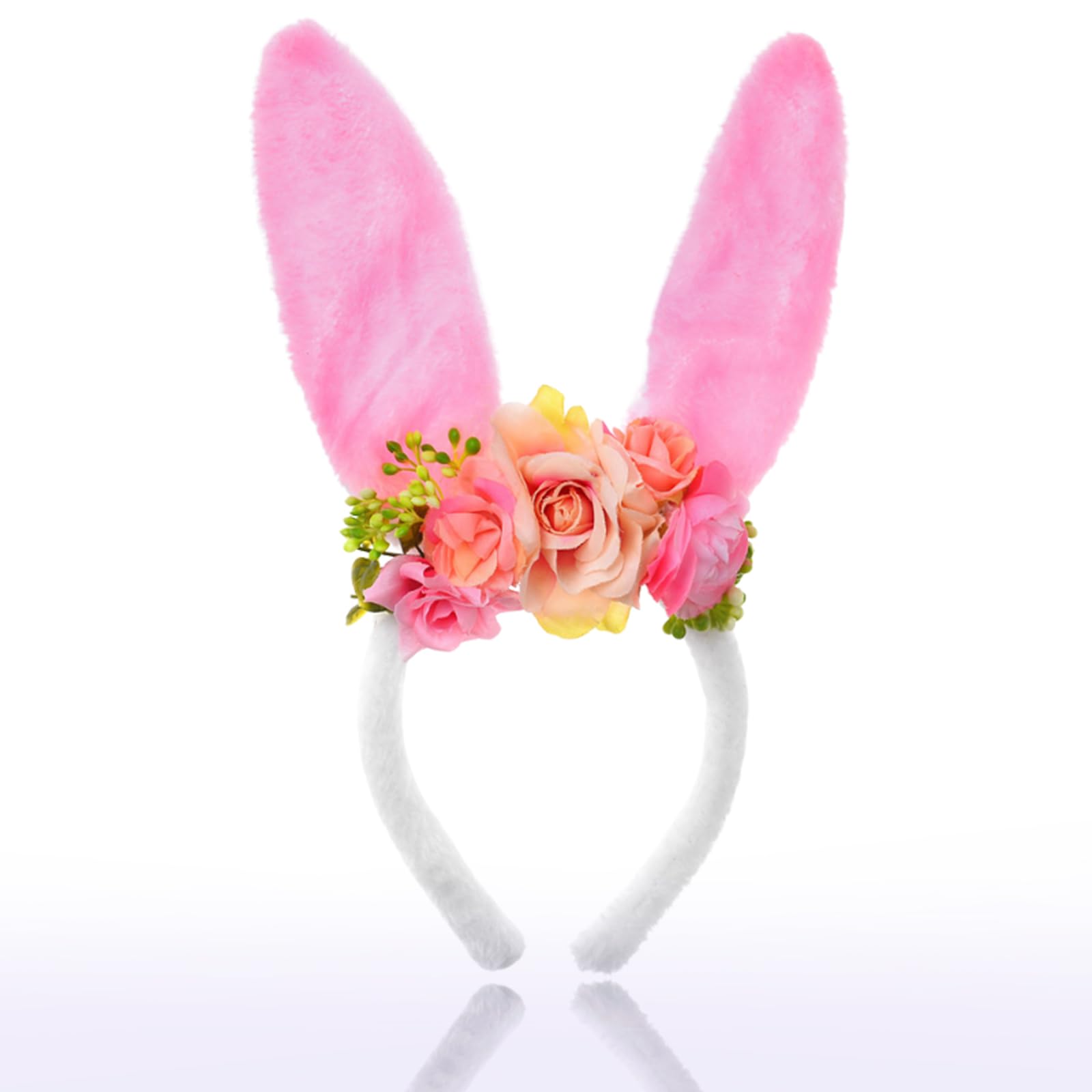 QDTK Easter Bunny Ears Headband with front view and flower crown, a charming Easter accessory.