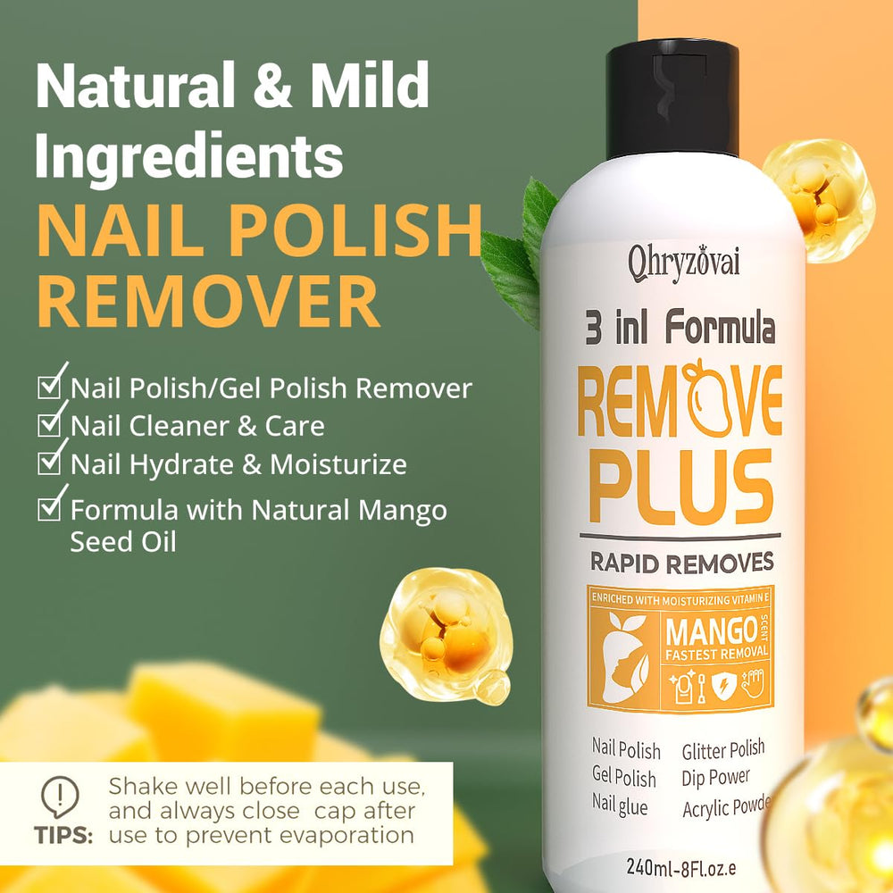 Qhryzoval remover ingredients highlight mango oil nourishing nails during removal