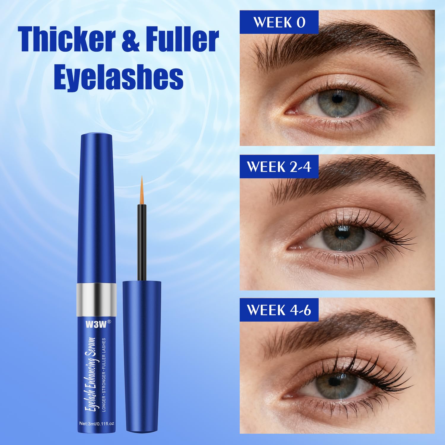Subtle up-close view shows longer lashes with QIC W3W serum use.