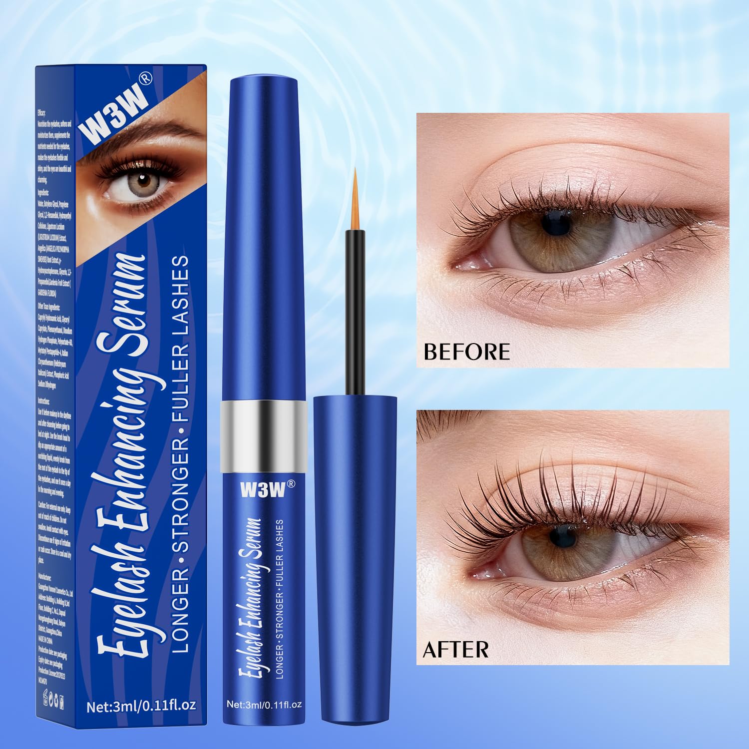 Packaging box for QIC W3W eyelash serum on a shelf.