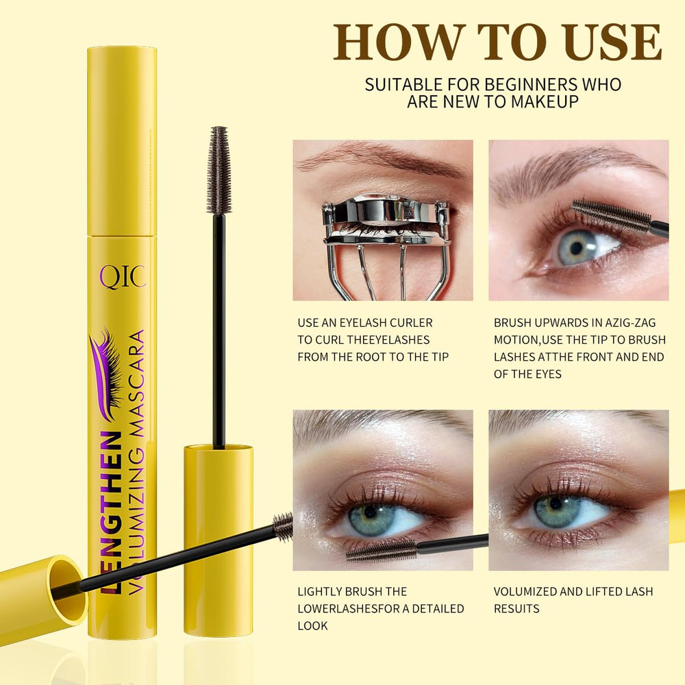 QIC Waterproof Brown Mascara lengthens lashes for a noticeably extended look.