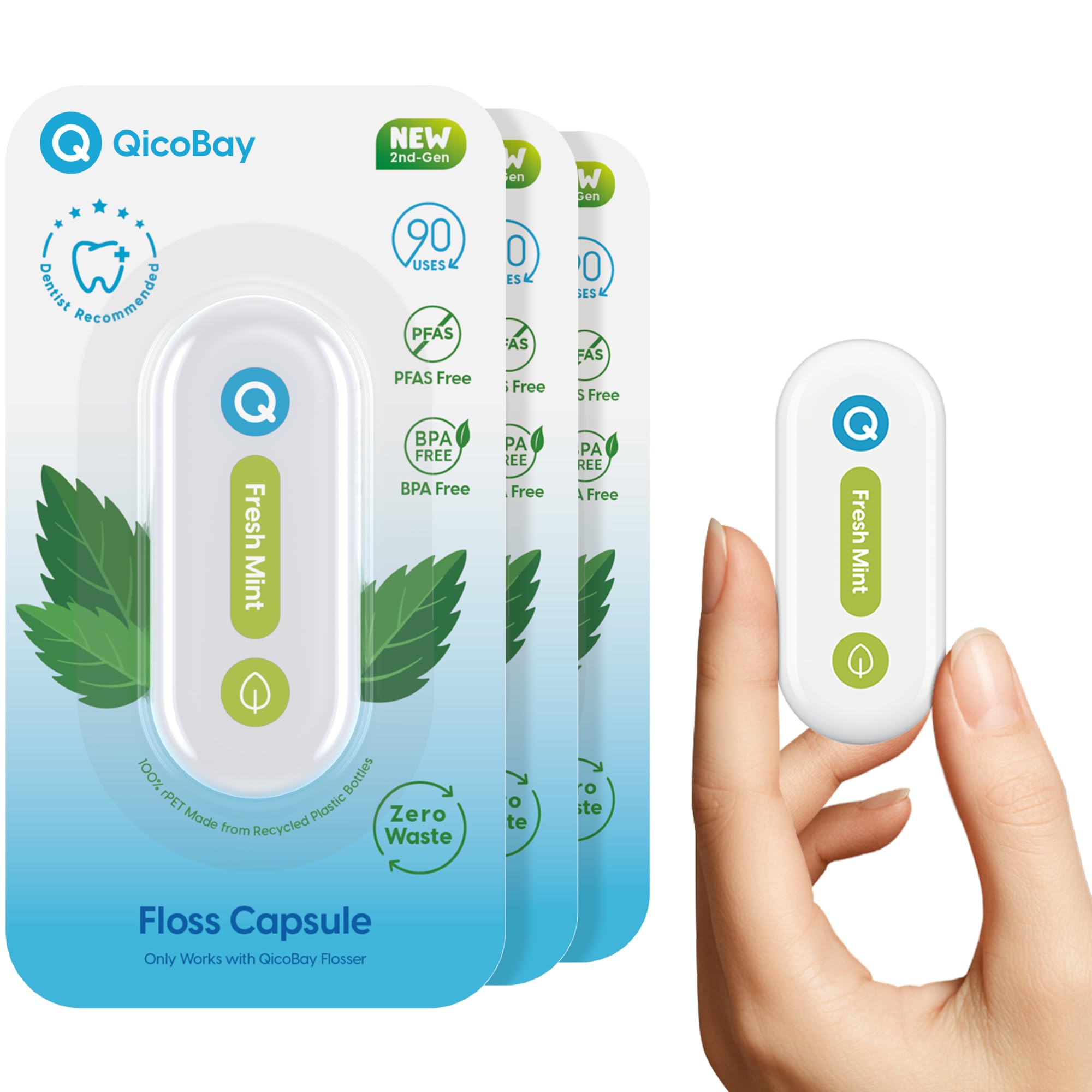 QicoBay refill floss capsule for C1S flosser with Fresh Mint flavor – 3 Pack, 90 Uses